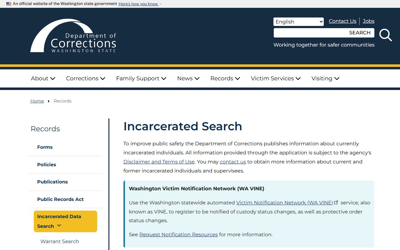 Washington DOC incarcerated search page